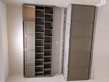 new olive colored cabinets in office